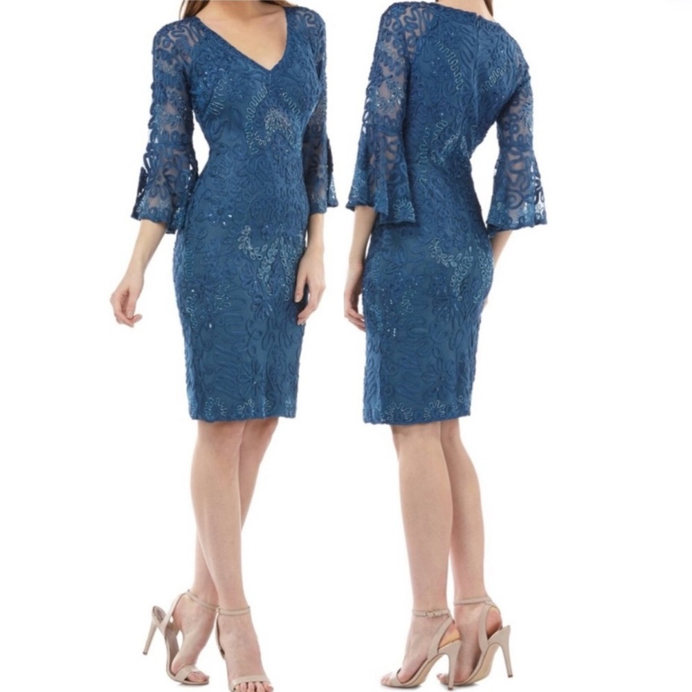 JS Collections Womens Dress 12 Soutache Bead Trim Bell Sleeve Mineral Blue Party